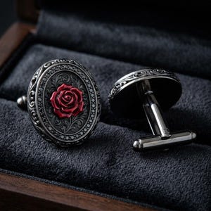 May include: A pair of oval cufflinks featuring a dark metallic finish with intricate scrollwork engravings surrounding a central, raised red rose emblem. The cufflinks have a polished, reflective surface and a standard T-bar toggle mechanism.