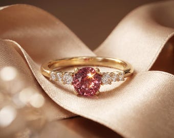 Pink Tourmaline Ring Gold, Accented Solitaire in Gilded Sterling Silver, Rose Stone Promise Ring, October Birthstone, Made to Order