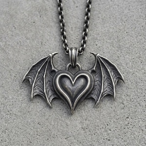 Sterling Silver Bat Wing Heart Necklace, Gothic Pendant, Oxidized Dark Romance Jewelry image 1