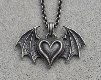 Sterling Silver Bat Wing Heart Necklace, Gothic Pendant, Oxidized Dark Romance Jewelry