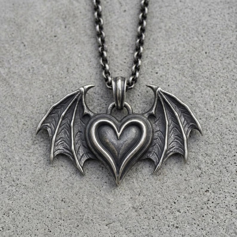 Sterling Silver Bat Wing Heart Necklace, Gothic Pendant, Oxidized Dark Romance Jewelry image 1