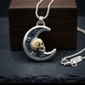 Memento Mori Skull and Crescent Moon Necklace, Oxidized Sterling Silver Pendant with Lab-Created Blue Stones, Made to Order image 2