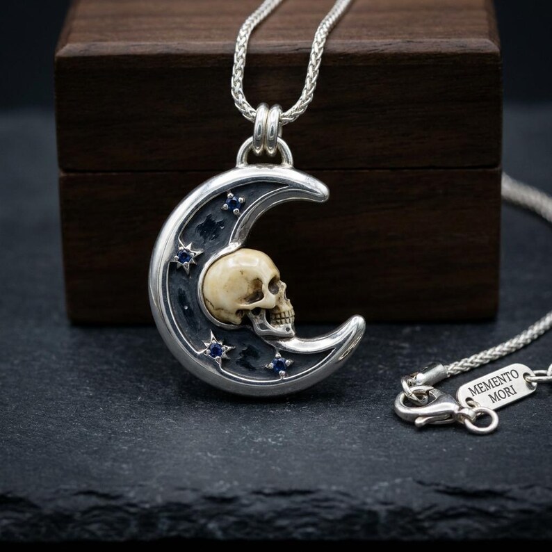 Memento Mori Skull and Crescent Moon Necklace, Oxidized Sterling Silver Pendant with Lab-Created Blue Stones, Made to Order image 2