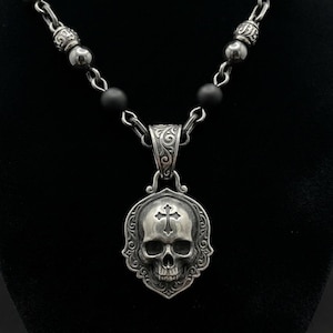 Mens Skull Necklace with Gothic Cross, Oxidized Sterling Silver Beaded Chain Necklace with Black Beads, Made to Order image 1