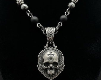 Mens Skull Necklace with Gothic Cross, Oxidized Sterling Silver Beaded Chain Necklace with Black Beads, Made to Order
