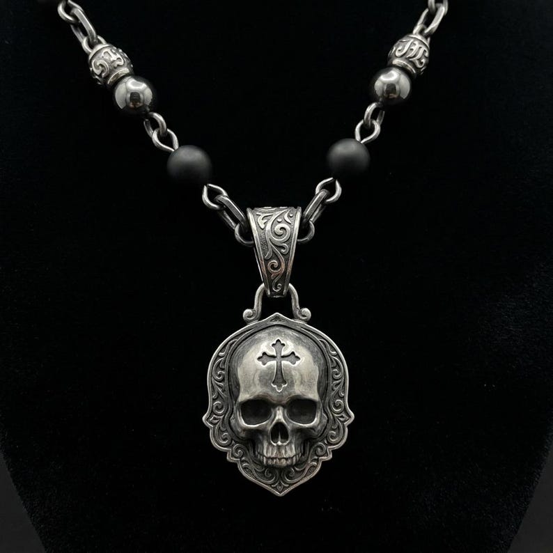 Mens Skull Necklace with Gothic Cross, Oxidized Sterling Silver Beaded Chain Necklace with Black Beads, Made to Order image 1