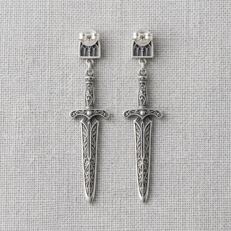 Sword Earrings Sterling Silver, Gothic Dagger Drop Earrings, Cathedral Window Studs, Oxidized Medieval Jewelry, Whimsigoth, Made to Order image 4