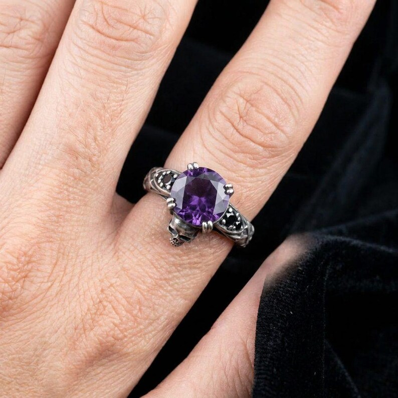 Sterling Silver Skull Ring, Amethyst Gothic Statement Ring, Oxidized Thorn Band, Mens Goth Ring, Memento Mori, Made to Order image 3
