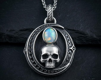 Collier tête de mort en argent sterling, pendentif opale Memento Mori, collier croissant de lune gothique, bijoux gothiques pour homme, sur commande