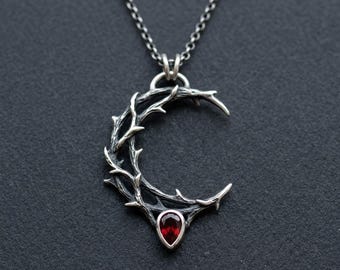 Gothic Thorn Crescent Moon Necklace – Sterling Silver, Lab-Created Garnet Pendant