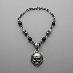 Mens Skull Necklace with Gothic Cross, Oxidized Sterling Silver Beaded Chain Necklace with Black Beads, Made to Order image 2
