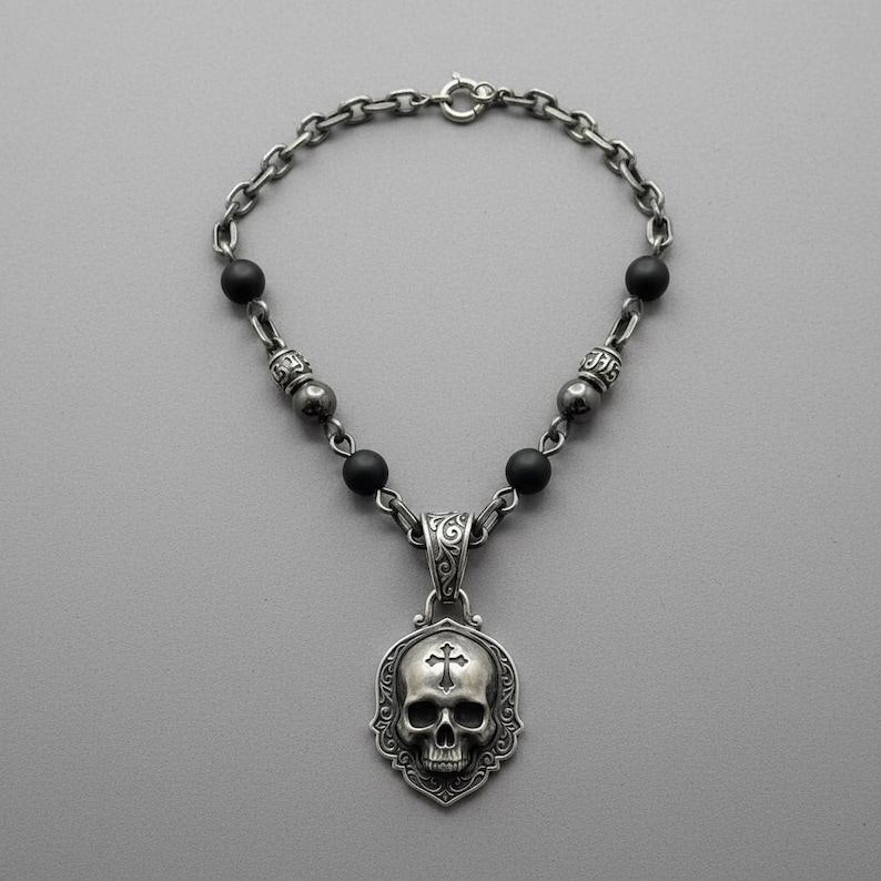 Mens Skull Necklace with Gothic Cross, Oxidized Sterling Silver Beaded Chain Necklace with Black Beads, Made to Order image 2