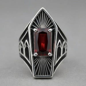 Sterling Silver Coffin Ring, Memento Mori Gothic Signet, Black Enamel Lab Ruby Statement Ring, Oxidized Mens Ring, Made to Order image 3