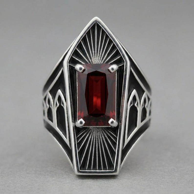 Sterling Silver Coffin Ring, Memento Mori Gothic Signet, Black Enamel Lab Ruby Statement Ring, Oxidized Mens Ring, Made to Order image 3