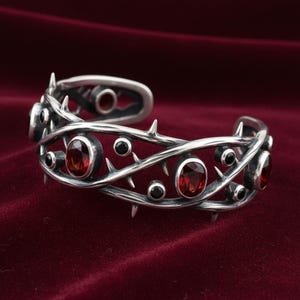 Thorn Cuff Bracelet in Sterling Silver — Oxidized Briar Branch Cuff with Lab-Created Red and Black Stones, Made to Order image 1