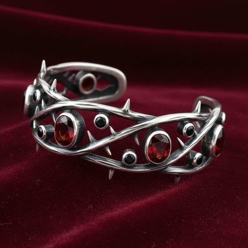 Thorn Cuff Bracelet in Sterling Silver — Oxidized Briar Branch Cuff with Lab-Created Red and Black Stones, Made to Order image 1