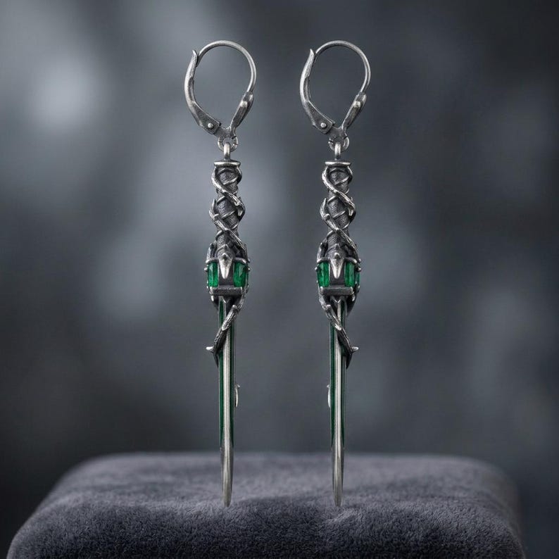 Gothic Thorn Dagger Earrings, Sterling Silver Briar Blades with Lab-Created Emerald, Oxidized, Made to Order image 4