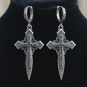 Gothic Cross Dagger Earrings — Oxidized Sterling Silver Drop Hoops with Black Cubic Zirconia, Made to Order image 1