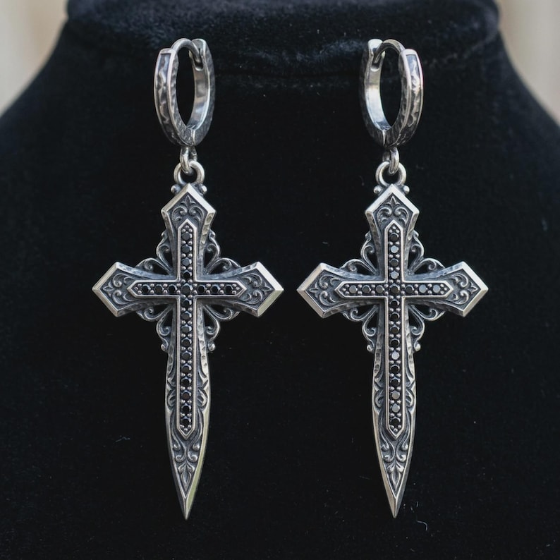 Gothic Cross Dagger Earrings — Oxidized Sterling Silver Drop Hoops with Black Cubic Zirconia, Made to Order image 1