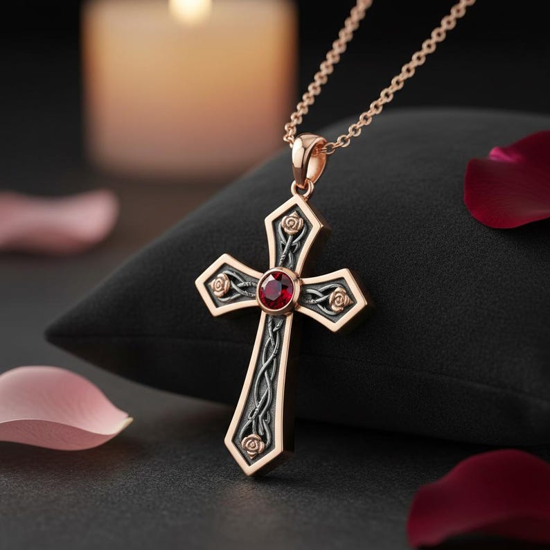May include: A rose gold cross pendant on a matching chain, featuring a dark oxidized silver inlay with intricate vine and rose motifs. A single round, faceted red gemstone is set at the center of the cross, which has polished rose gold edges.
