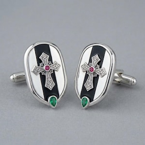 Gothic Cross Cufflinks Sterling Silver, Black Enamel Shield Cuff Links, Mens Wedding Cufflinks, Groomsmen Gift, Made to Order image 3