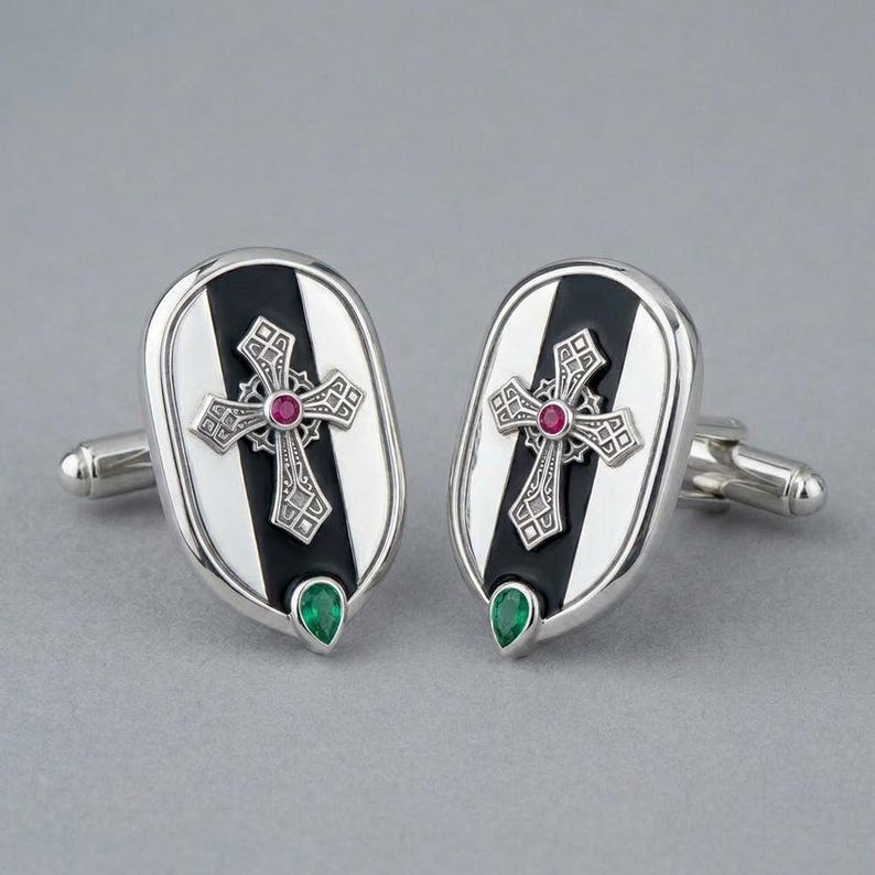 Gothic Cross Cufflinks Sterling Silver, Black Enamel Shield Cuff Links, Mens Wedding Cufflinks, Groomsmen Gift, Made to Order image 3