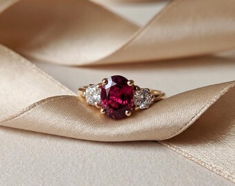 Ruby Three Stone Ring, Gilded Silver Trilogy Ring, Lab Created Ruby & White Sapphire, Past Present Future, July Birthstone, Made to Order