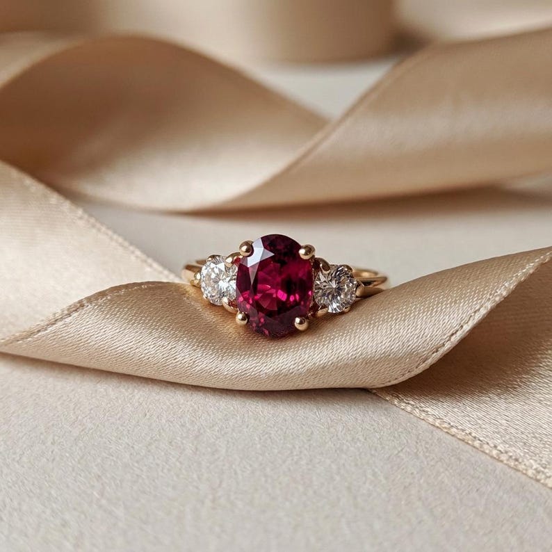 Bague trois pierres rubis, bague trilogie en argent doré, rubis de synthèse et saphir blanc, passé, présent, futur, pierre de naissance de juillet, sur commande image 1