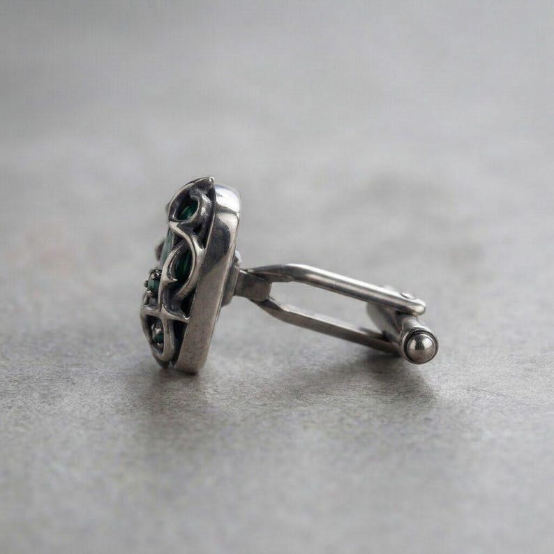 Thorn Cufflinks in Sterling Silver — Oxidized Briar Cage Around a Deep Green Cabochon, Gothic Wedding Cufflinks, Made to Order image 4