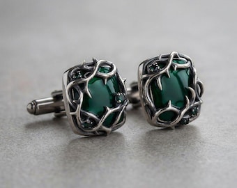 Thorn Cufflinks in Sterling Silver — Oxidized Briar Cage Around a Deep Green Cabochon, Gothic Wedding Cufflinks, Made to Order