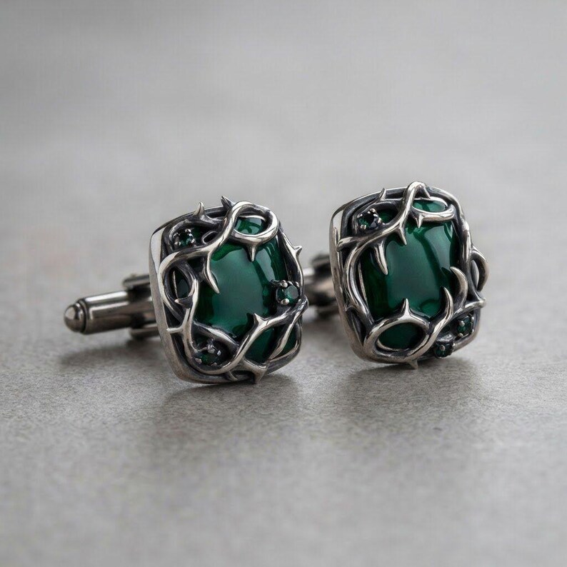 Thorn Cufflinks in Sterling Silver — Oxidized Briar Cage Around a Deep Green Cabochon, Gothic Wedding Cufflinks, Made to Order image 1