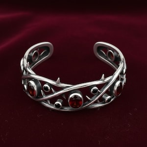 Thorn Cuff Bracelet in Sterling Silver — Oxidized Briar Branch Cuff with Lab-Created Red and Black Stones, Made to Order image 2