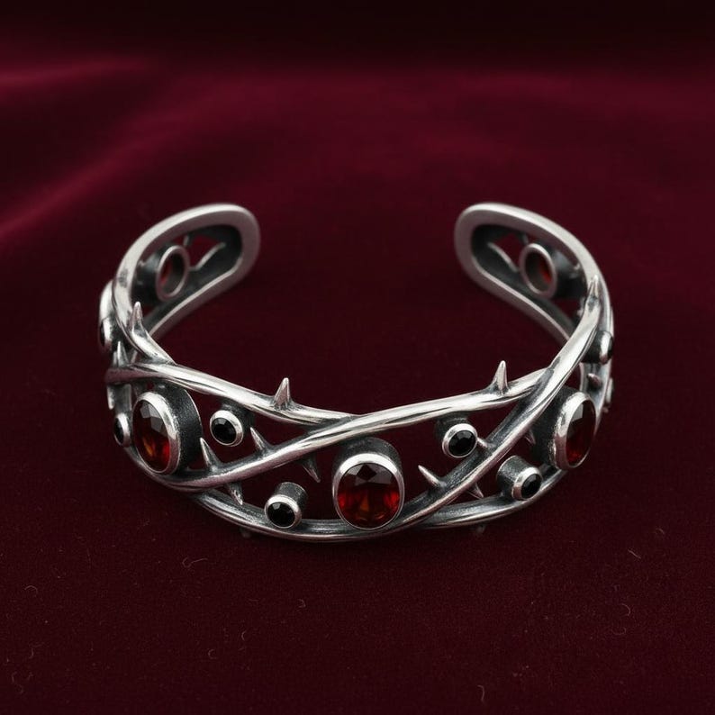 Thorn Cuff Bracelet in Sterling Silver — Oxidized Briar Branch Cuff with Lab-Created Red and Black Stones, Made to Order image 2