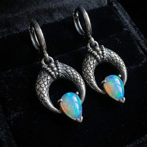 Opal Snake Earrings Sterling Silver, Oxidized Serpent Scale Huggie Hoop Dangles, Lab Created Opal Drops, Gothic Witchy Jewelry image 2