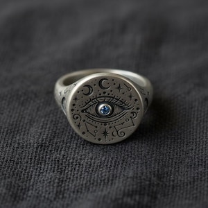 All Seeing Eye Signet Ring in Sterling Silver — Engraved Moons and Stars with a Lab-Created Blue Stone, Made to Order