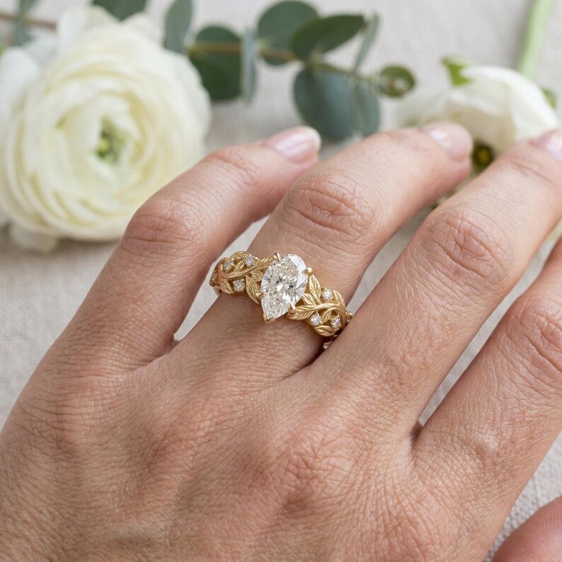 Gold Leaf Engagement Ring, Elvish Vine Ring in Gilded Sterling Silver, White Sapphire Pear or Marquise, Nature Ring, Made to Order image 2