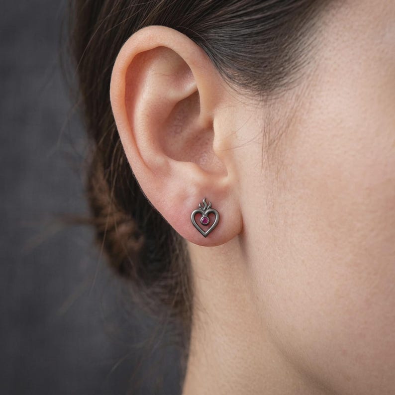 Flaming Heart Stud Earrings — Blackened Sterling Silver Sacred Heart Studs with Lab-Created Ruby, Made to Order image 2
