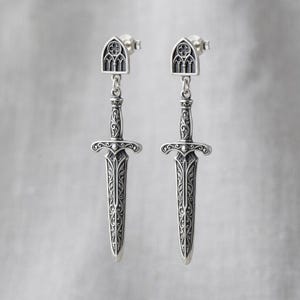 Sword Earrings Sterling Silver, Gothic Dagger Drop Earrings, Cathedral Window Studs, Oxidized Medieval Jewelry, Whimsigoth, Made to Order image 1