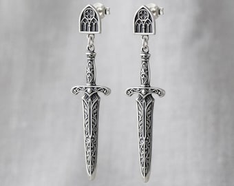 Sword Earrings Sterling Silver, Gothic Dagger Drop Earrings, Cathedral Window Studs, Oxidized Medieval Jewelry, Whimsigoth, Made to Order