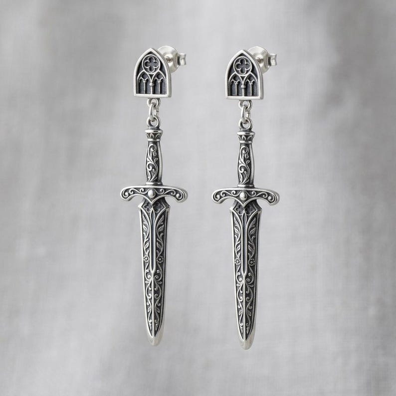 Sword Earrings Sterling Silver, Gothic Dagger Drop Earrings, Cathedral Window Studs, Oxidized Medieval Jewelry, Whimsigoth, Made to Order image 1