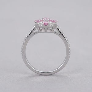 Pink Sapphire Ring Sterling Silver, Dainty Clover Flower Cluster Ring, Pave Promise Ring, Pastel Anniversary Gift, Made to Order image 3