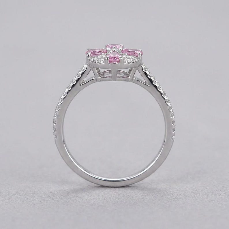 Pink Sapphire Ring Sterling Silver, Dainty Clover Flower Cluster Ring, Pave Promise Ring, Pastel Anniversary Gift, Made to Order image 3
