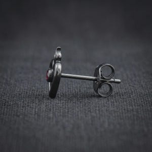Flaming Heart Stud Earrings — Blackened Sterling Silver Sacred Heart Studs with Lab-Created Ruby, Made to Order image 4