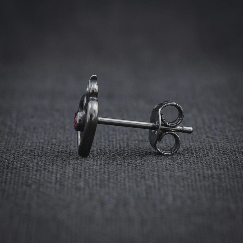 Flaming Heart Stud Earrings — Blackened Sterling Silver Sacred Heart Studs with Lab-Created Ruby, Made to Order image 4