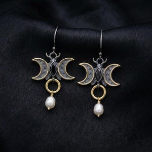 Triple Moon Earrings in Sterling Silver — Gold-Gilded Crescents, Black Marquise Stone and Cultured Pearl Drop, Made to Order image 1
