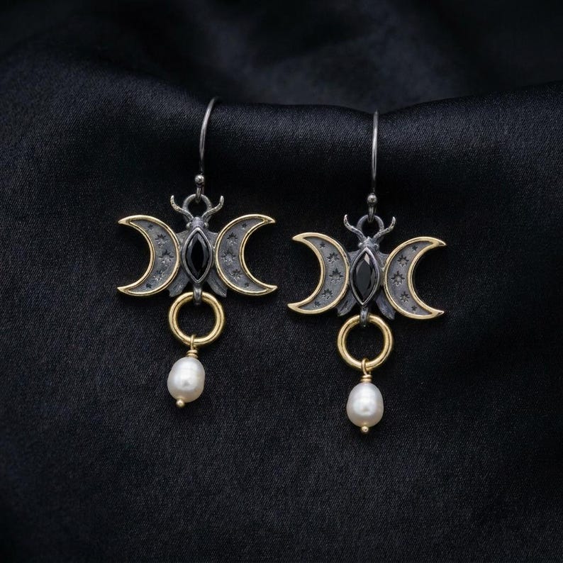 Triple Moon Earrings in Sterling Silver — Gold-Gilded Crescents, Black Marquise Stone and Cultured Pearl Drop, Made to Order image 1