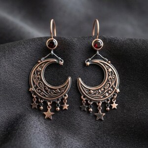 Crescent Moon Star Chandelier Earrings in Sterling Silver — Rose-Gold Gilded Filigree with Hanging Stars, Made to Order