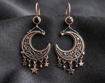 Crescent Moon Star Chandelier Earrings in Sterling Silver — Rose-Gold Gilded Filigree with Hanging Stars, Made to Order