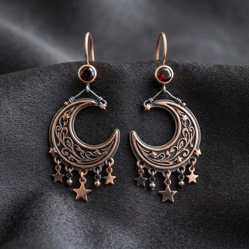 Crescent Moon Star Chandelier Earrings in Sterling Silver — Rose-Gold Gilded Filigree with Hanging Stars, Made to Order image 1