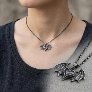 Sterling Silver Bat Wing Heart Necklace, Gothic Pendant, Oxidized Dark Romance Jewelry image 2